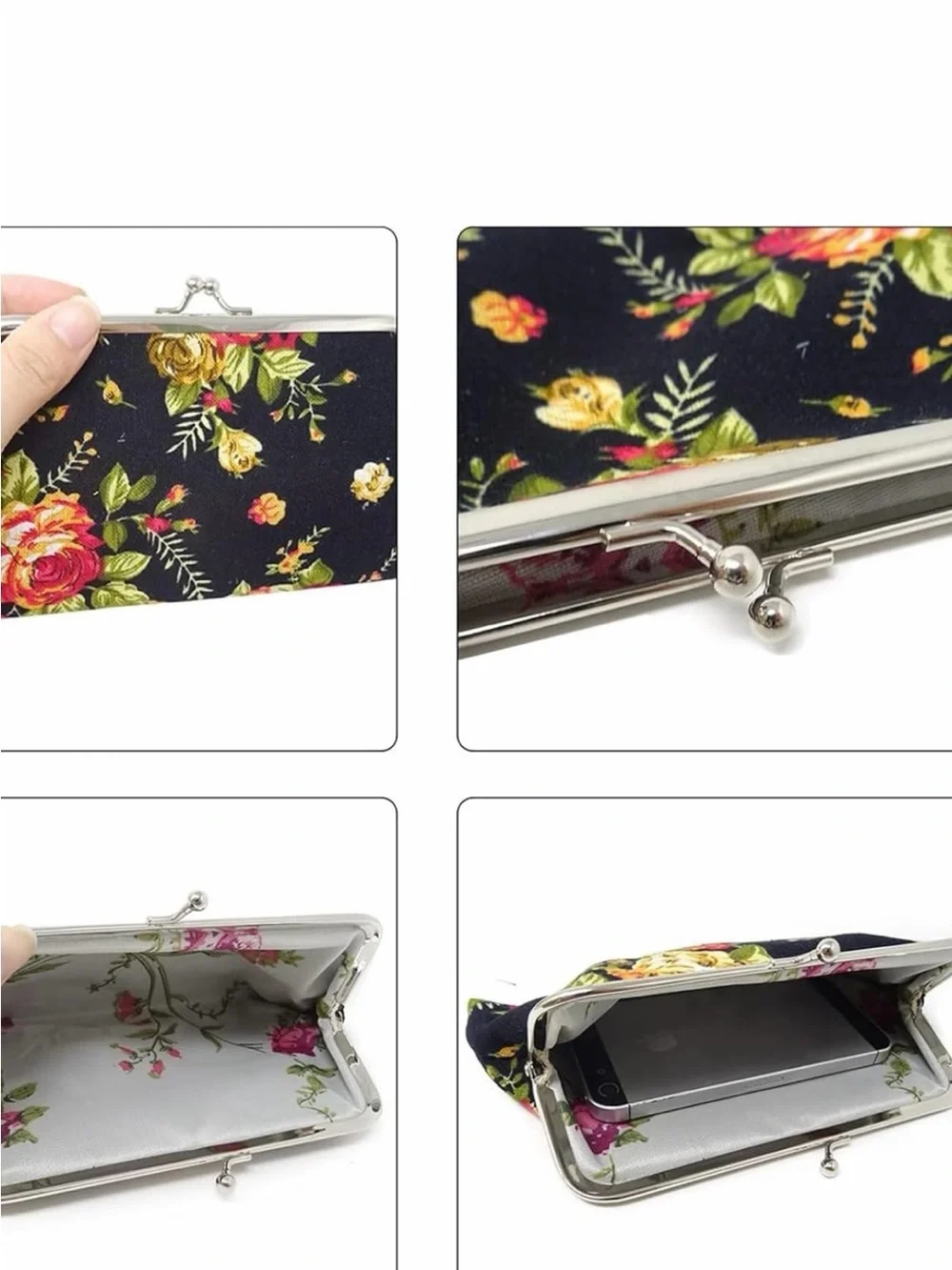 Elegant Floral Kiss Lock Coin Purse Canvas Clutch